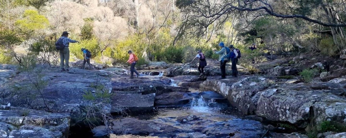 Margaret leading a group of hikers across a creek